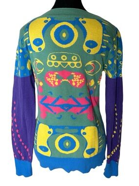 KOOI KNITWEAR Blue Colourful Knit Pullover Sweater Boat Neck Abstract Medium